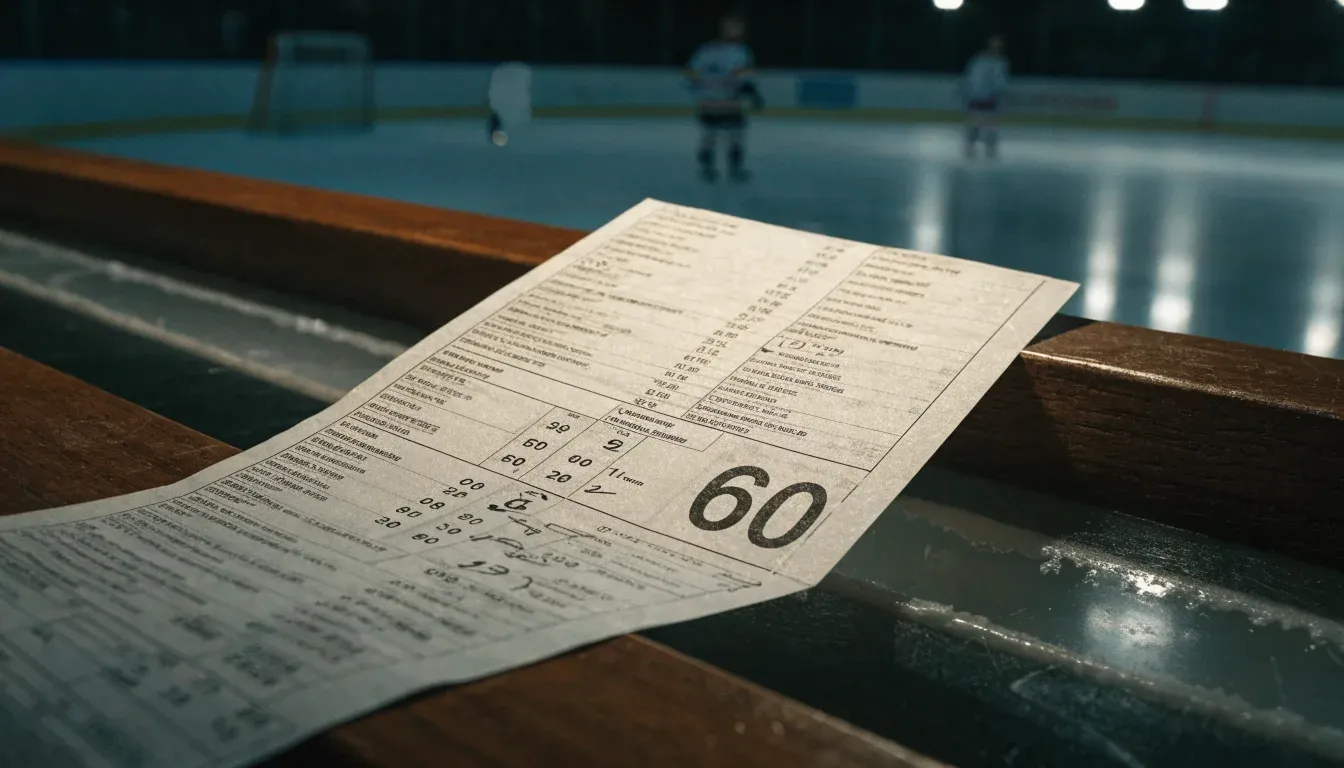 Ein Eishockeyschläger lehnt an der Bande einer leeren Halle, auf dem Eis spiegeln sich die Deckenlampen.