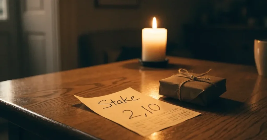 Ein einzelnes Geschenkpaket mit Schnur liegt auf einem Holztisch neben einer brennenden Kerze.