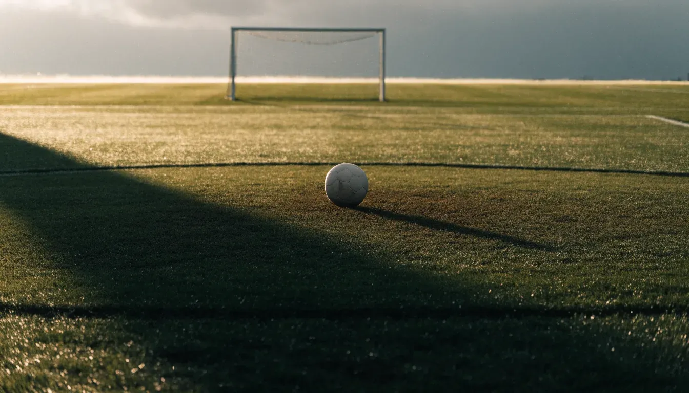 Ein einzelner Fussball liegt auf dem Elfmeterpunkt eines leeren Strafraums, der Rasen glänzt nass.