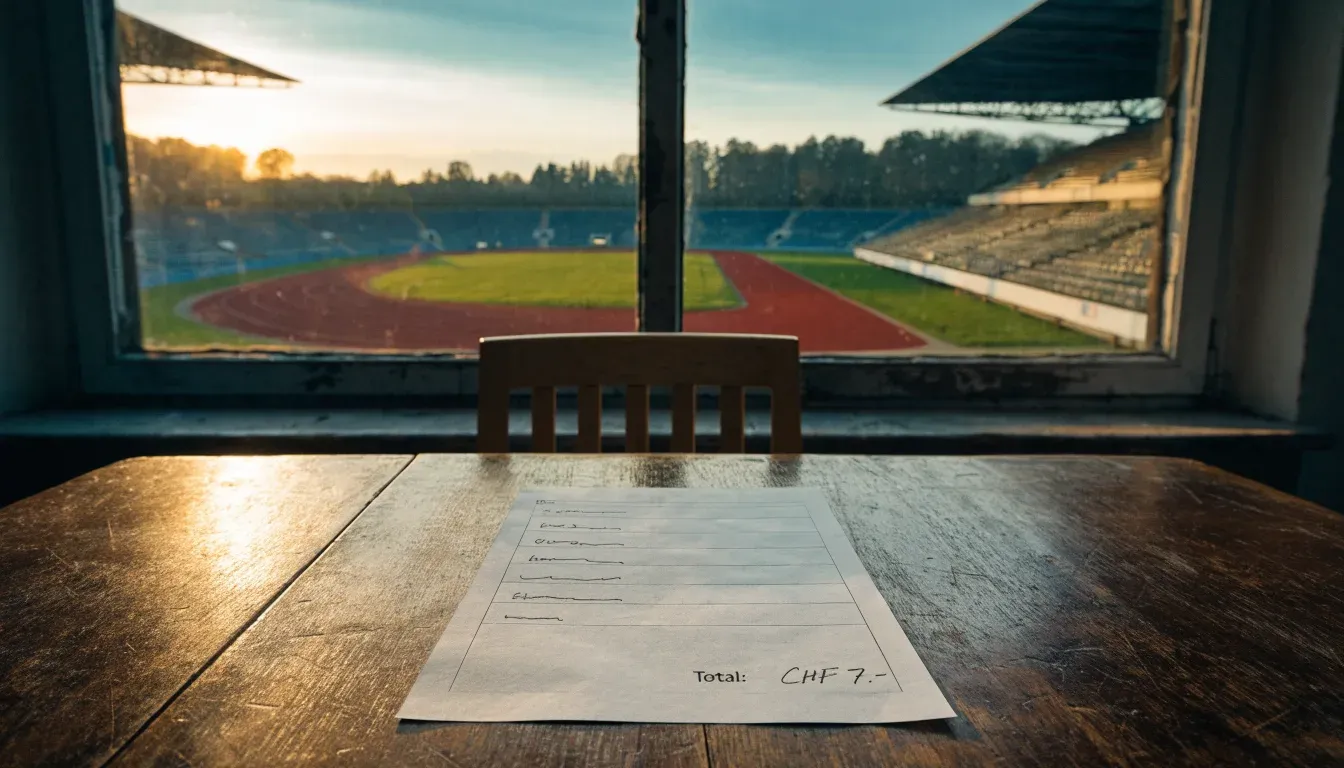 Eine rote Laufbahn in einem leeren Stadion bei Sonnenaufgang, die Bahnen ziehen sich in die Kurve.