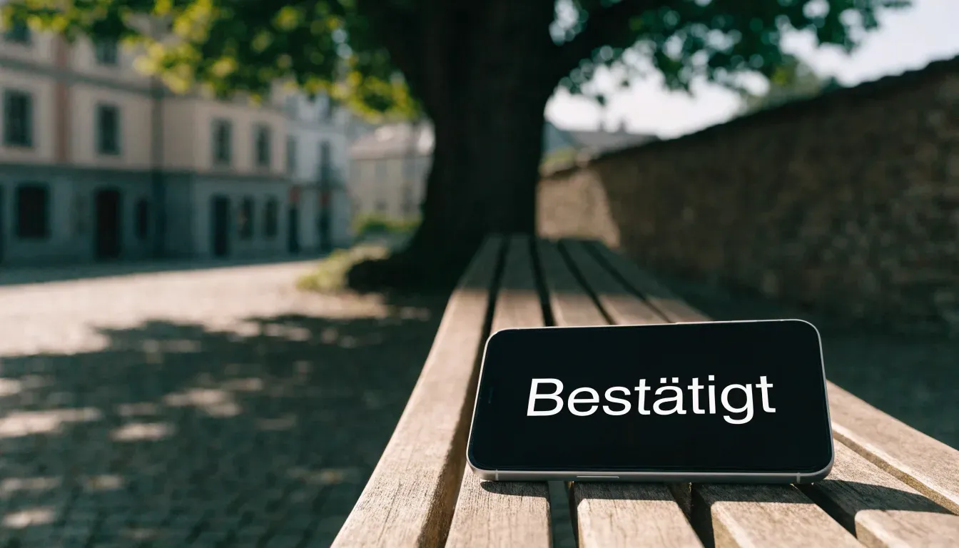 Eine leere Bank steht unter einer alten Linde auf einem Dorfplatz im Schatten.