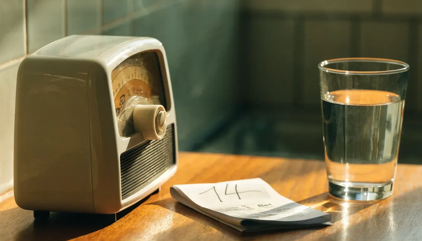Ein altes Radio steht auf einer Küchenablage neben einem Glas Wasser, Morgenlicht fällt durchs Fenster.