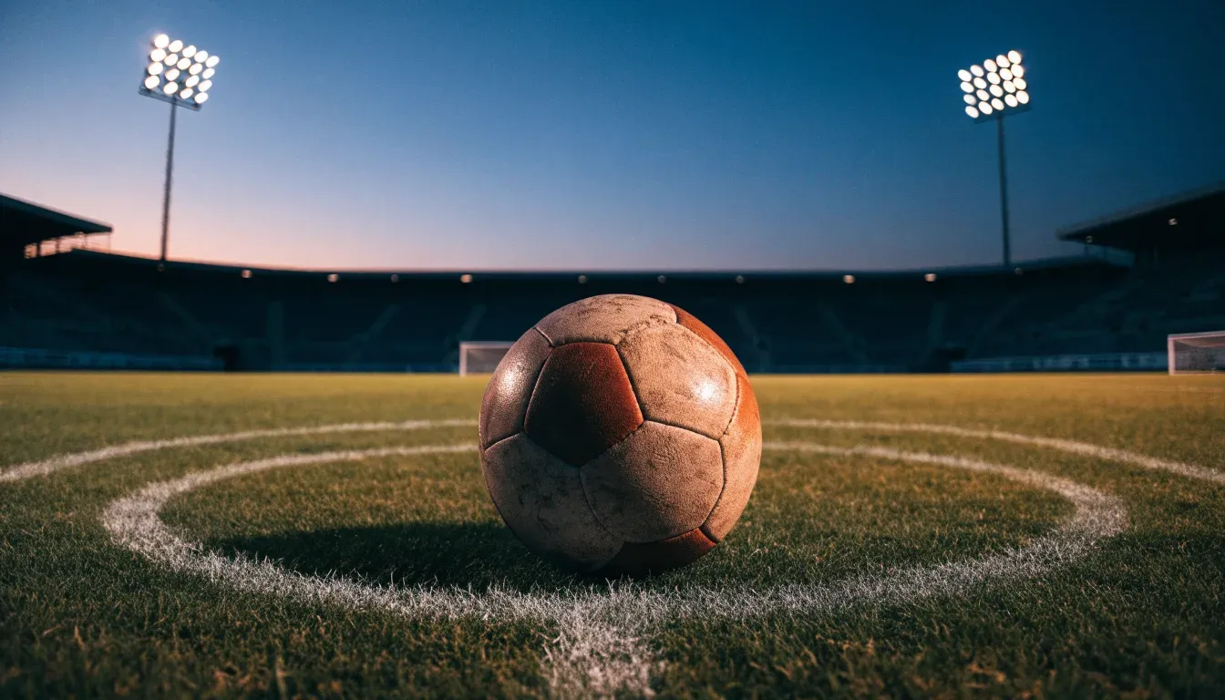 Ein Fussball liegt auf dem Mittelpunkt eines leeren Rasenplatzes, im Hintergrund ragen Flutlichtmasten in die Abenddämmerung