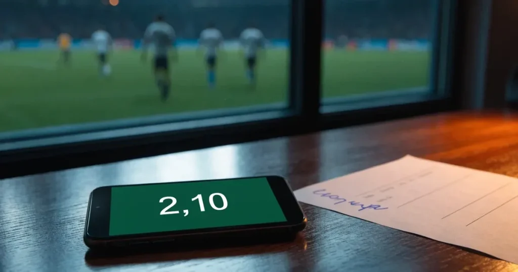 Ein einfarbiger grauer Schal liegt auf einer leeren Betontribüne, Raureif auf den Sitzen, kühles Morgenlicht über dem Stadion