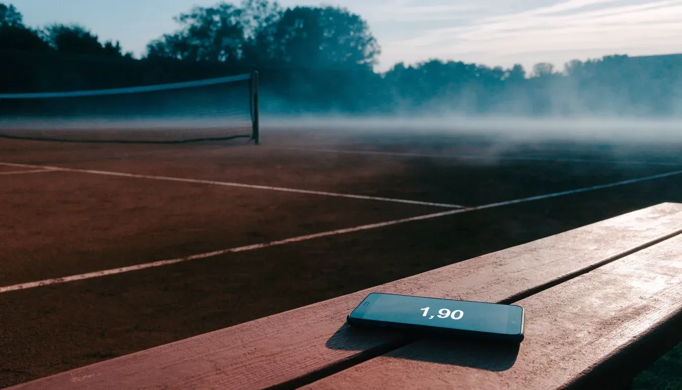 Ein Tennisplatz mit Sandbelag in der Morgendämmerung, Netz und Linien liegen im ersten Licht, Nebel hängt über dem Boden