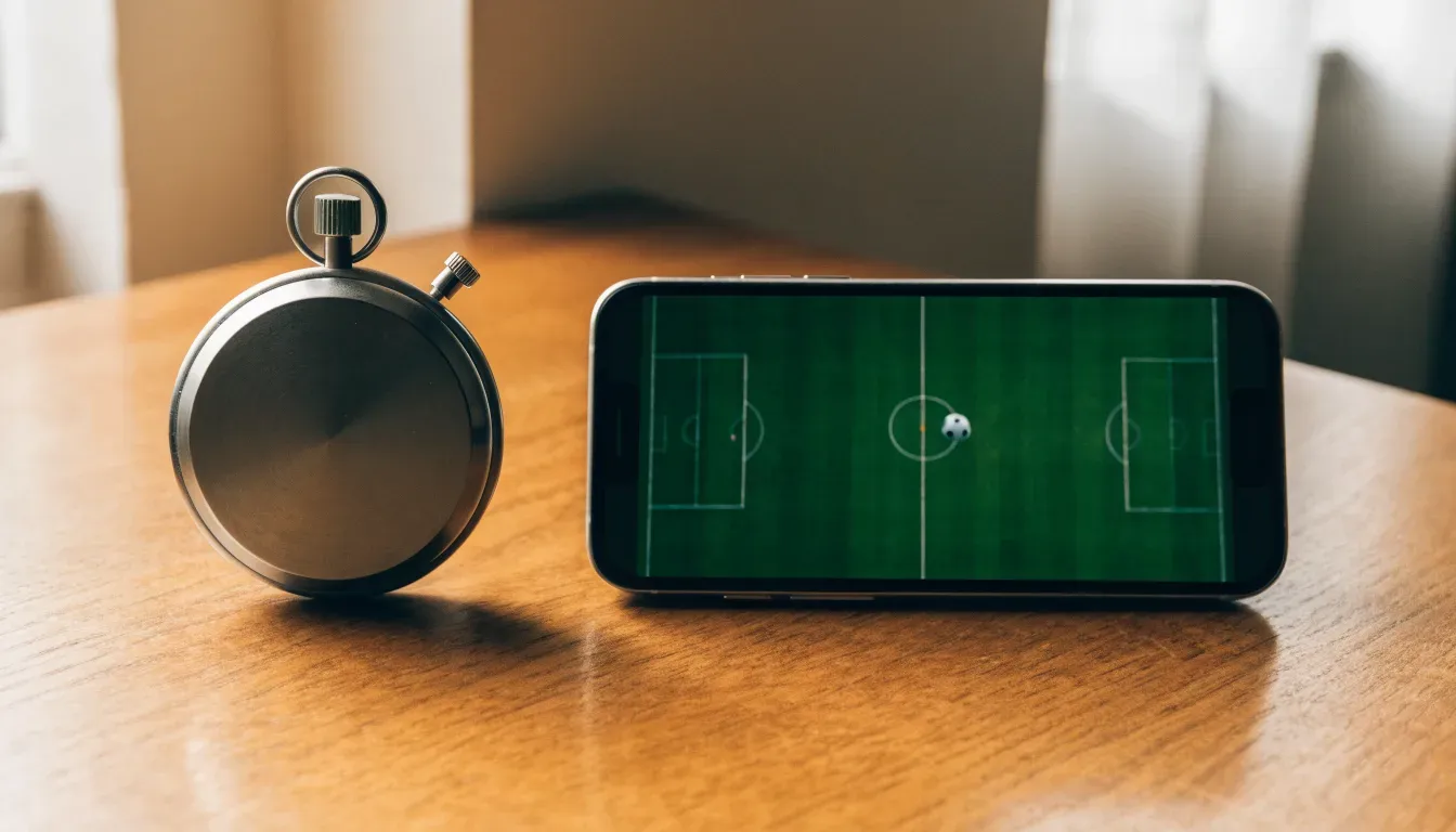Eine Stoppuhr und ein Smartphone mit dunklem Display liegen nebeneinander auf einem Holztisch, weiches Fensterlicht