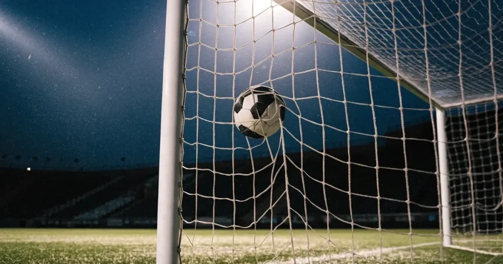 Ein Fussball liegt im Netz eines Tores, Flutlicht und kalte Abendluft liegen über dem leeren Platz