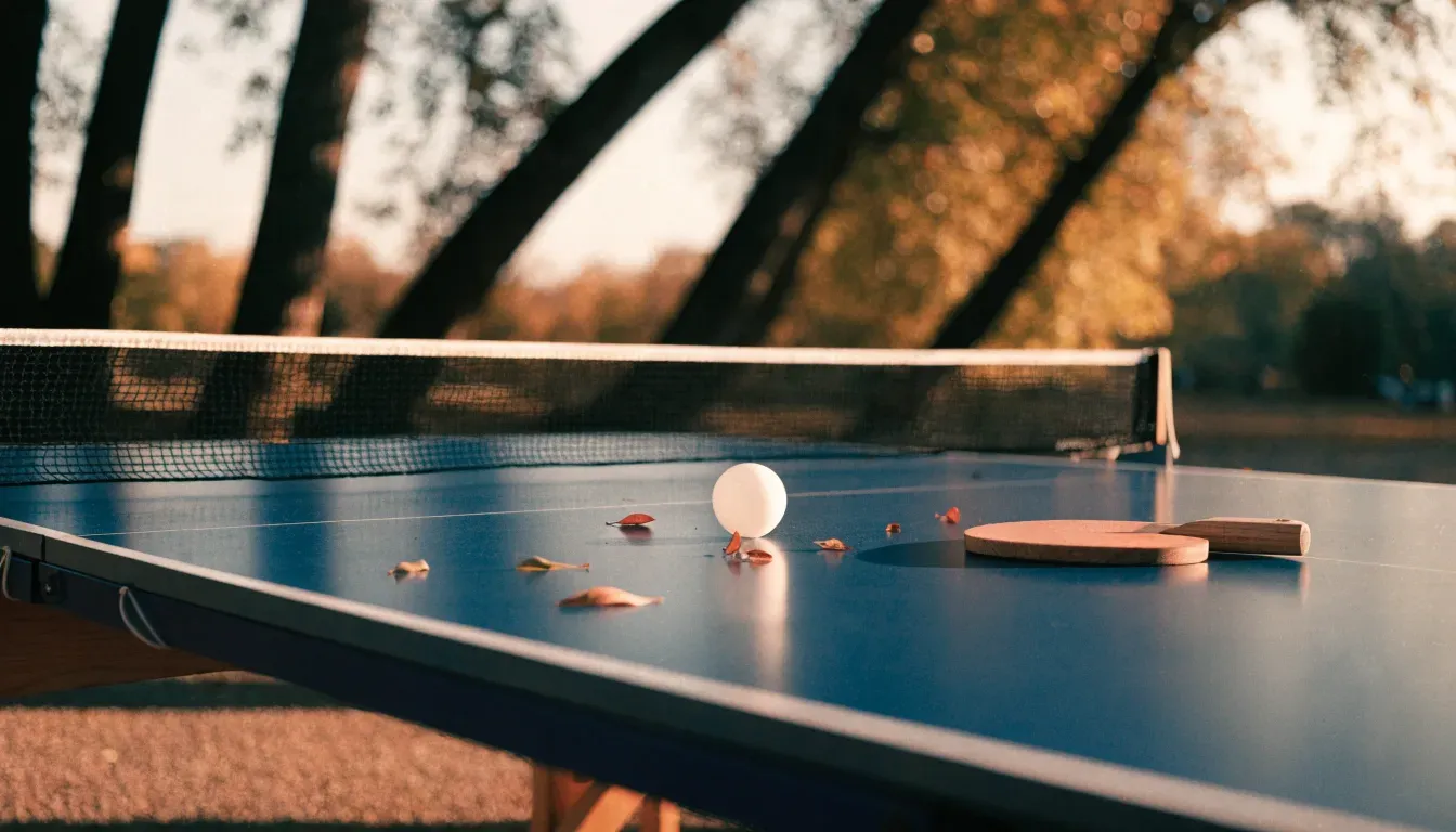 Eine Tischtennisplatte im Freien unter Bäumen, Herbstlaub liegt auf der Platte, das Licht fällt schräg durch die Äste