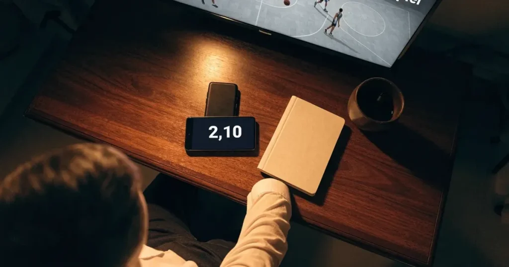 Ein Basketballkorb in einer leeren Halle, der Parkettboden glänzt im Licht der Deckenlampen