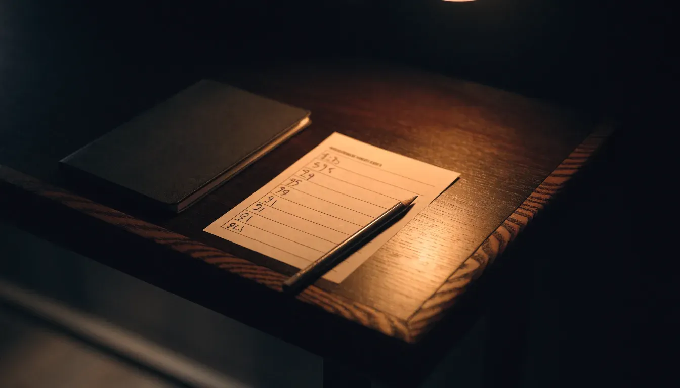 Ein leerer Wettschein aus Papier und ein Bleistift liegen auf einem Holztresen, warmes Licht einer Lampe