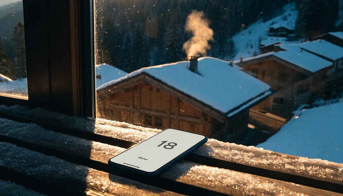 Ein Bergdorf mit Holzhäusern im Schnee, Rauch steigt aus einem Kamin, später Nachmittag mit tiefem Licht