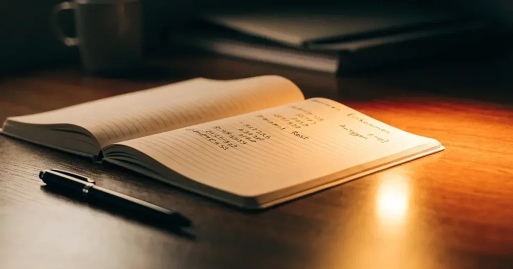 Ein Notizbuch mit handschriftlichen Spalten und ein Kugelschreiber neben einem Taschenrechner, Licht einer Schreibtischlampe
