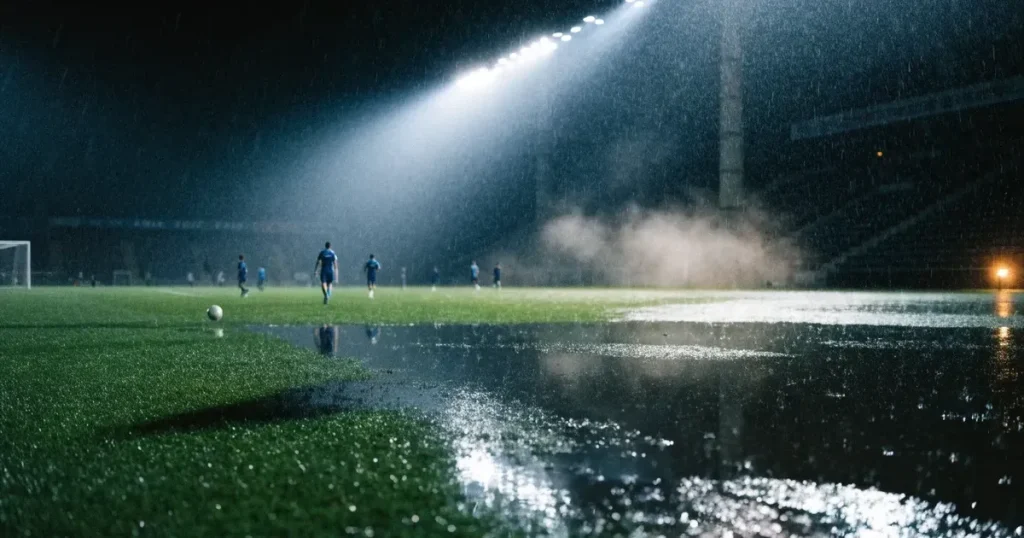 Ein Fussballplatz mit Kunstrasen im Regen, Pfützen spiegeln das Licht der Flutlichtmasten