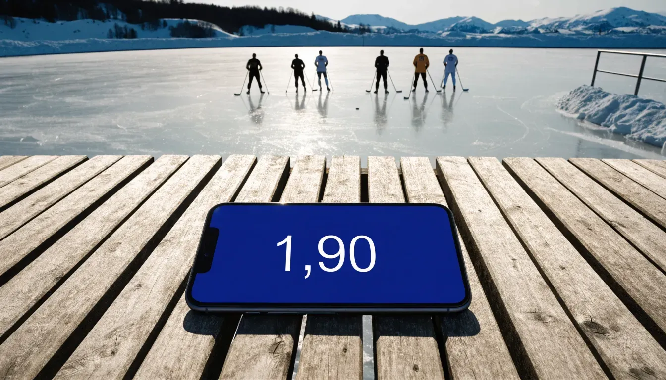 Ein Eishockeyfeld im Freien auf einem zugefrorenen See, Schneewehen an den Banden, klare Winterluft