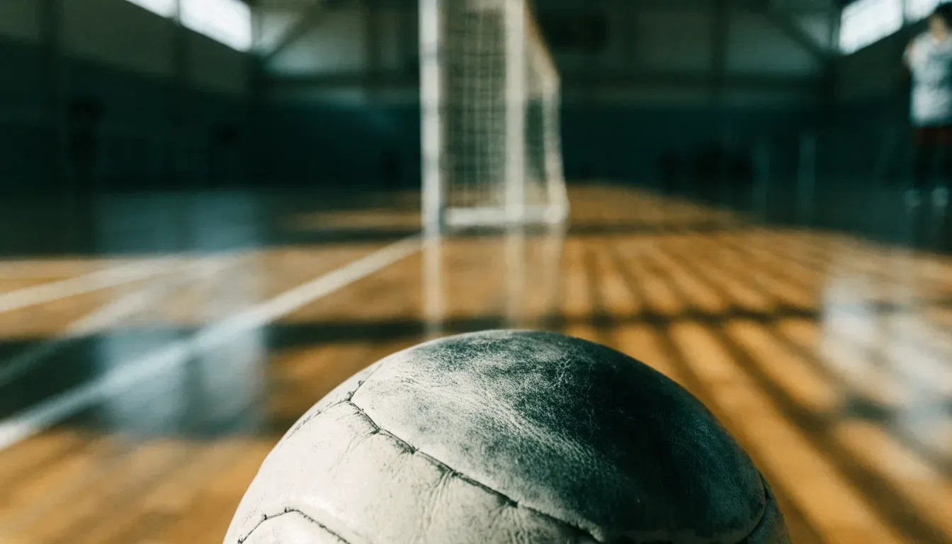 Ein Handball liegt auf dem Hallenboden einer leeren Sporthalle, Streifen von Licht aus den Oberlichtern