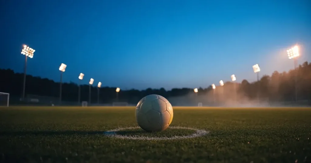 Ein Fussball liegt auf dem Anstosspunkt eines leeren Rasenplatzes in der Abenddämmerung, im Hintergrund leuchten Flutlichtmasten.