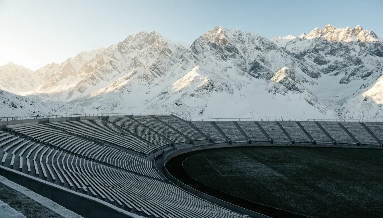 Schneebedeckte Berggipfel erheben sich im klaren Morgenlicht hinter einem leeren Stadion mit hellen Zuschauerrängen.