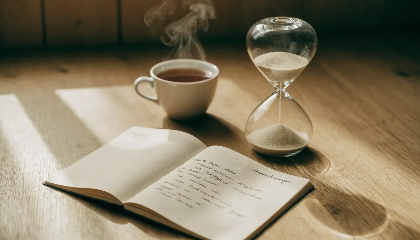 Eine Sanduhr steht neben einem Notizbuch mit handschriftlichen Notizen auf einem Holztisch, daneben dampft eine Tasse Tee.