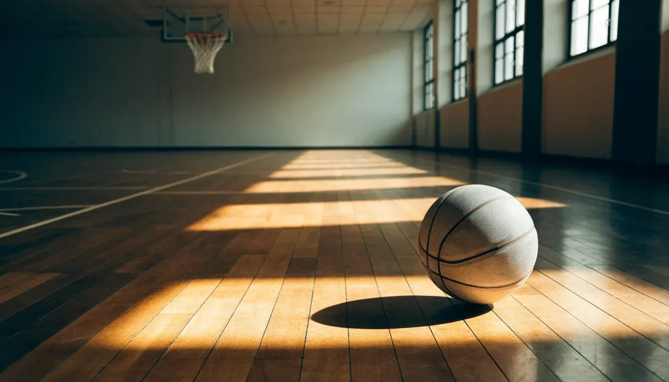 Ein Basketball ruht auf dem polierten Parkett einer leeren Halle, Nachmittagslicht fällt durch hohe Fenster.