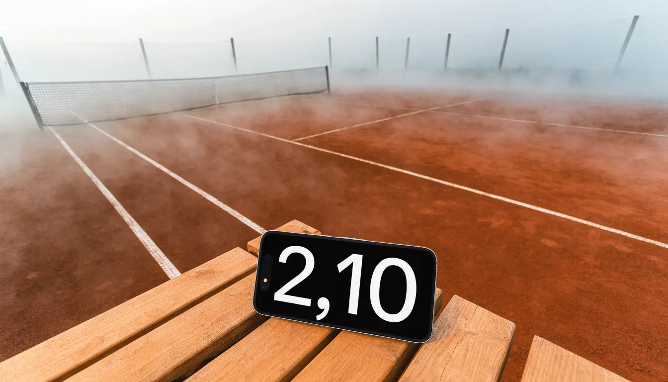 Ein gepflegter Tennisplatz im Morgengrauen, über der Grundlinie hängt leichter Nebel und die Bänke am Rand sind leer.