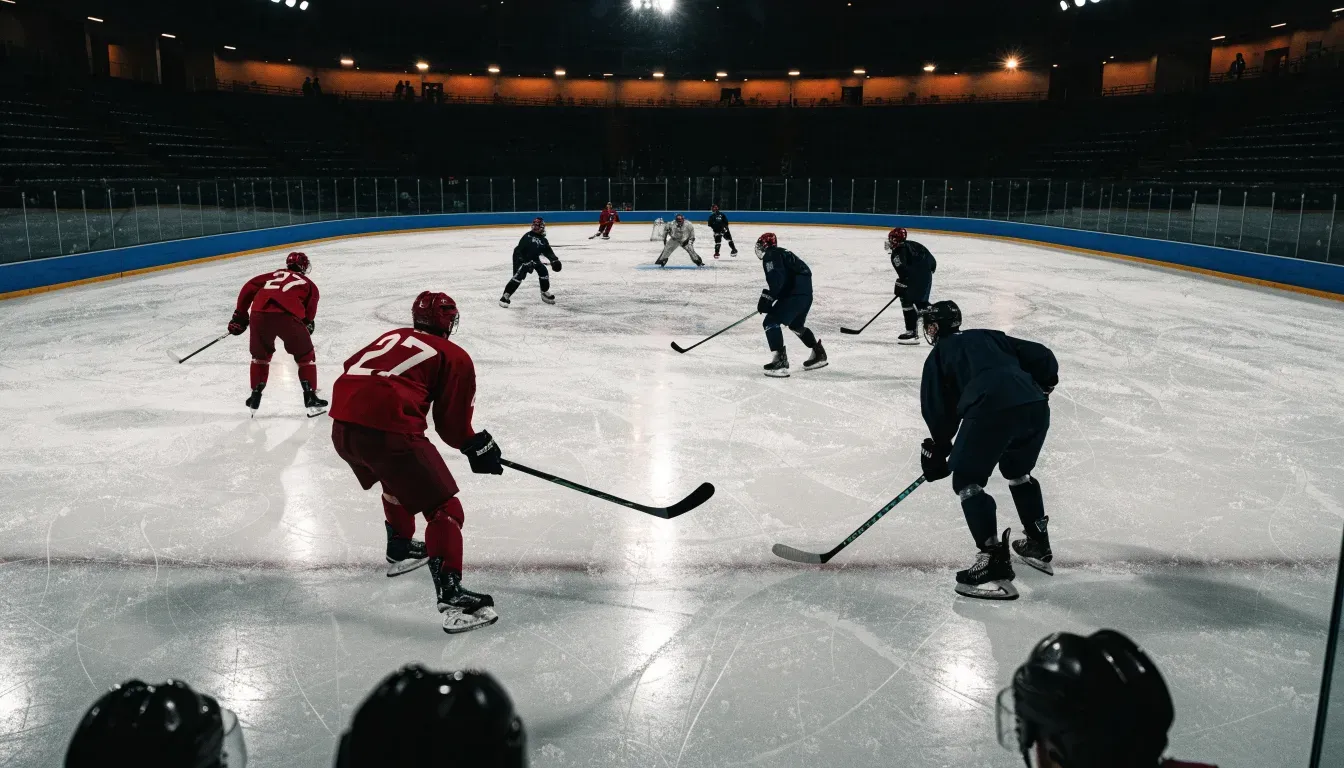 Eine Eisfläche unter Flutlicht aus der Ferne gesehen, die Linien glänzen und die Ränge sind leer.