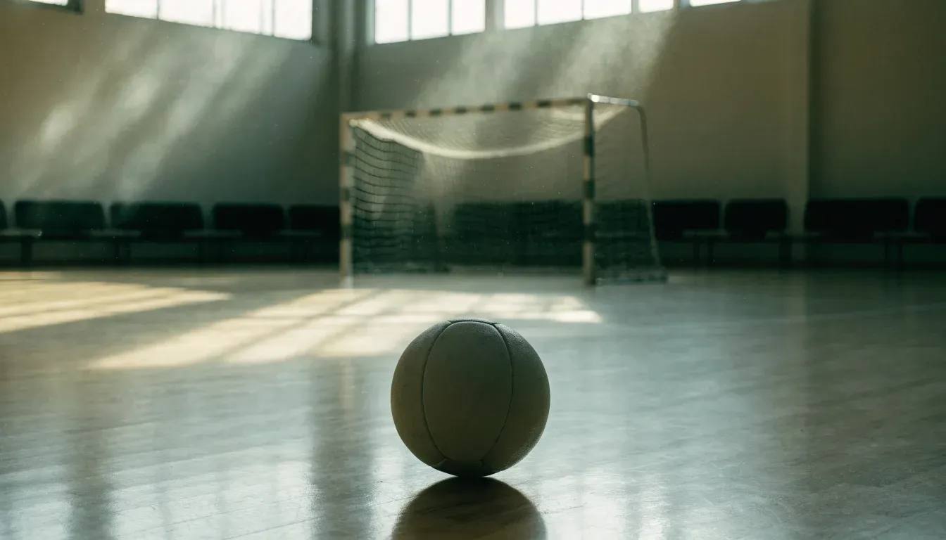 Ein Handball liegt am Rand des Torraums in einer leeren Sporthalle, Licht fällt durch Oberlichter auf den Hallenboden.