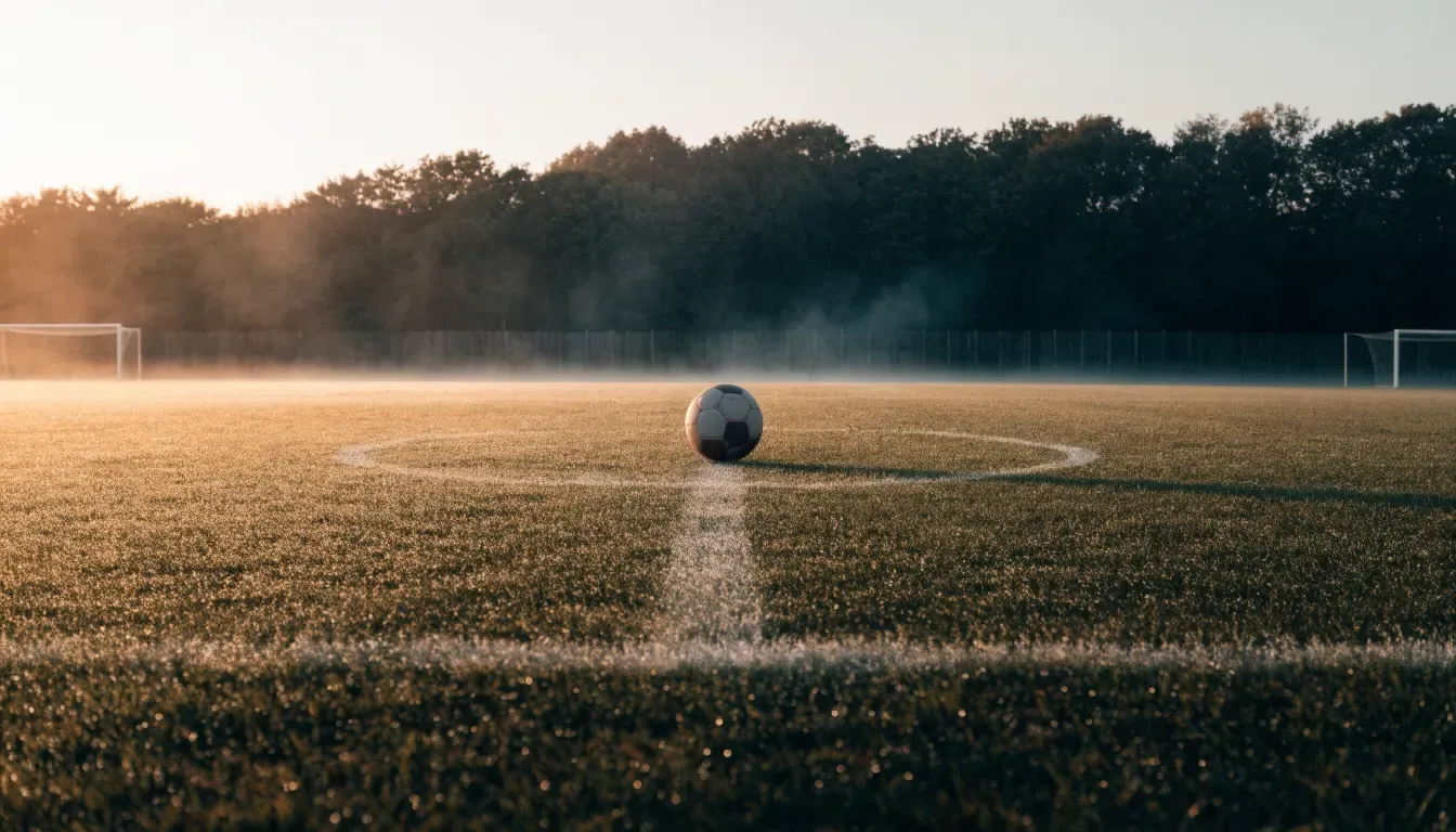 Ein Rasenspielfeld bei Sonnenaufgang, die Mittellinie verläuft quer durchs Bild und Tau glitzert auf dem Gras.