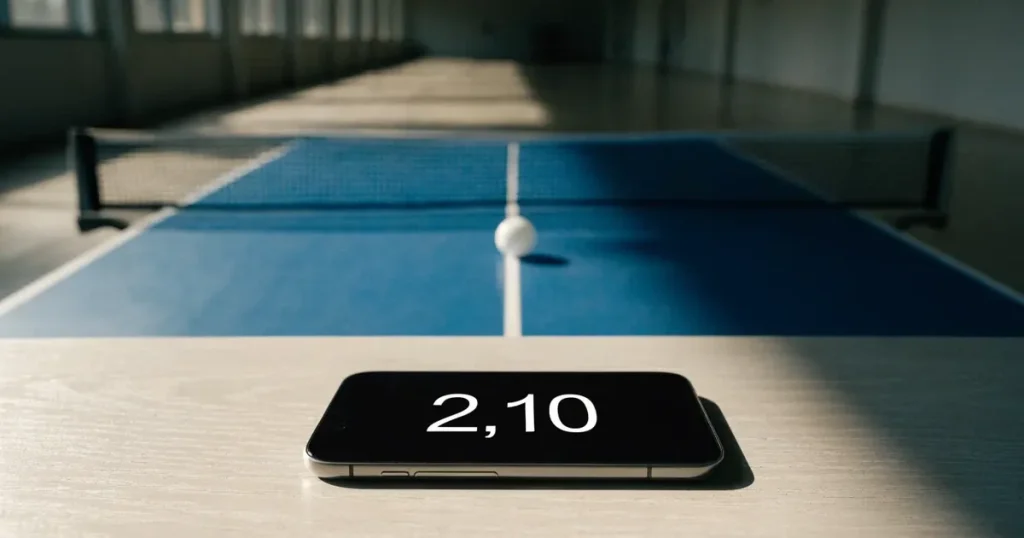 Eine Tischtennisplatte steht in einer leeren Sporthalle, ein einzelner Ball liegt am Netz und Tageslicht fällt von der Seite ein.