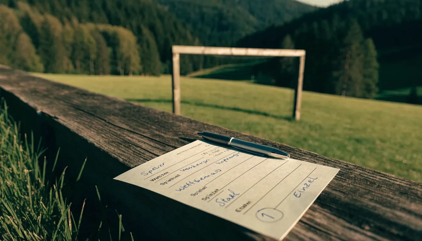 Eine Almwiese mit einem kleinen Holztor für Kinderfussball, dahinter erheben sich bewaldete Hänge im Nachmittagslicht.