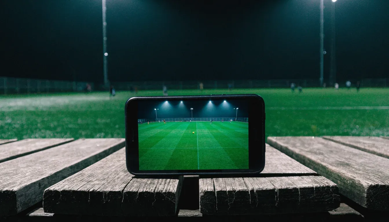 Hohe Flutlichtmasten ragen nachts über einen leeren Trainingsplatz, der Rasen glänzt im weissen Licht.