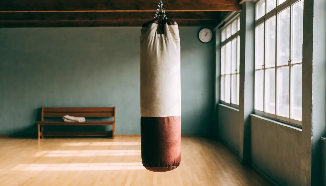 Ein Boxsack hängt an einer Kette in einem leeren Trainingsraum mit hellem Holzboden und grossen Fenstern.