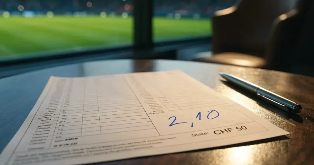 Ein leerer Ledersessel steht in einer Stadionloge mit Blick auf das Spielfeld im Abendlicht.