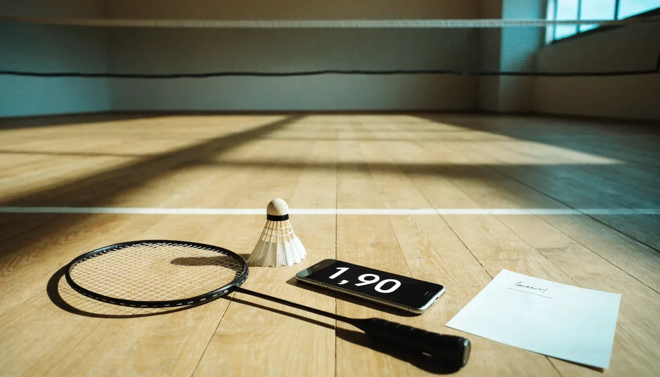 Ein Badmintonschläger liegt neben einem Federball auf dem hellen Hallenboden eines leeren Spielfelds.