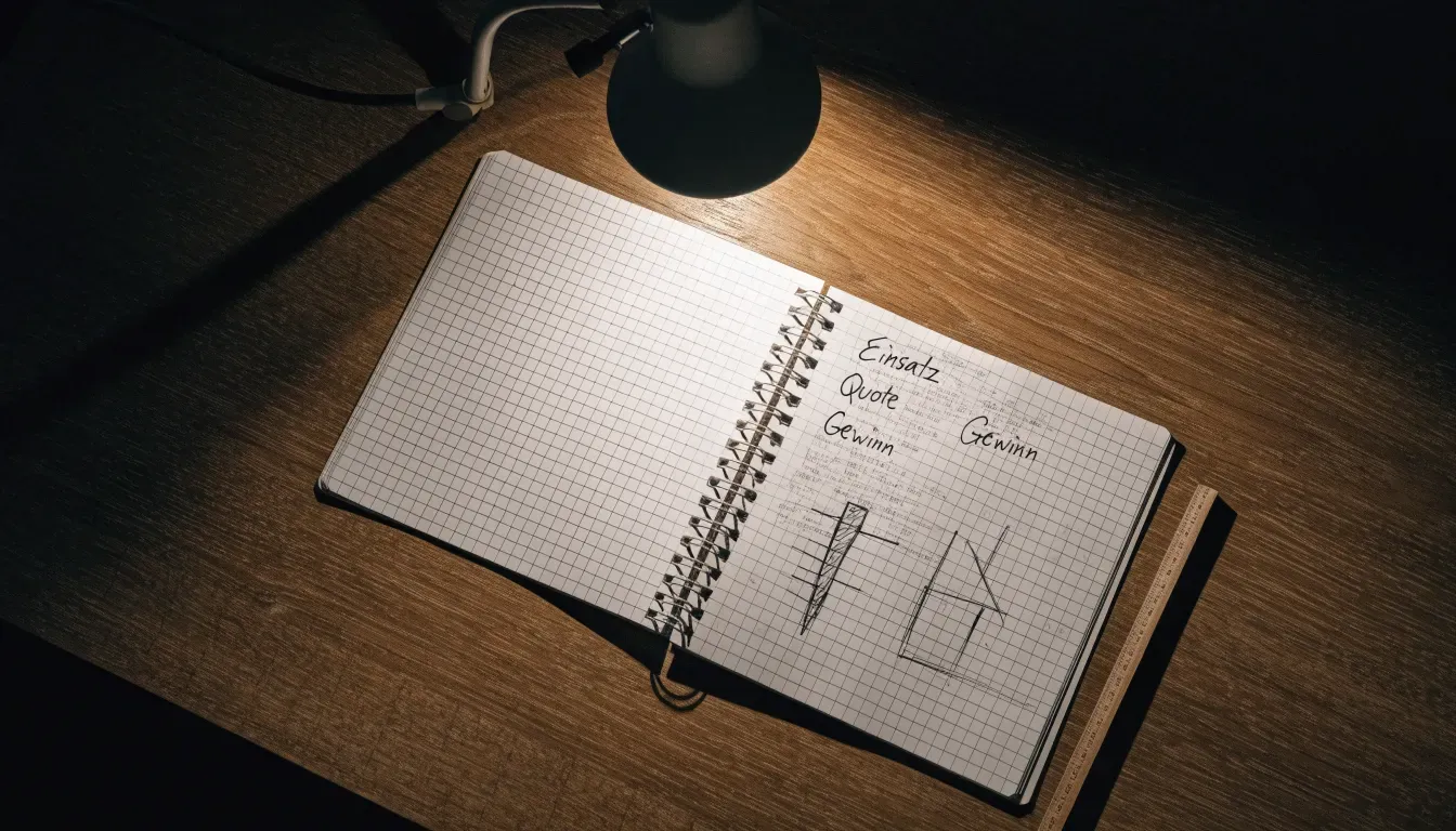 Eine Schreibtischlampe beleuchtet ein kariertes Heft mit handschriftlichen Skizzen, daneben liegt ein Lineal aus Holz.
