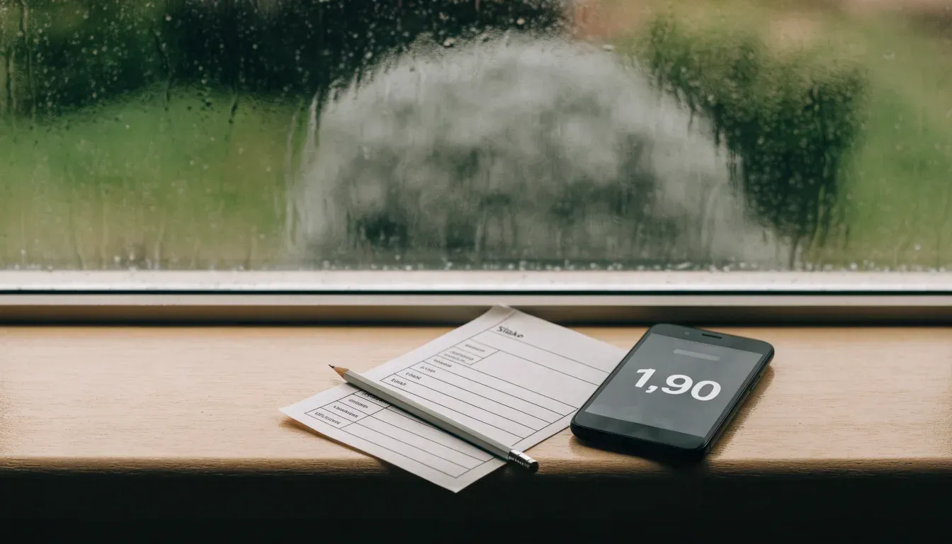 Ein Zeichenblock mit einem Bleistift und einem Radiergummi liegt auf einem Fensterbrett, draussen fällt Regen.