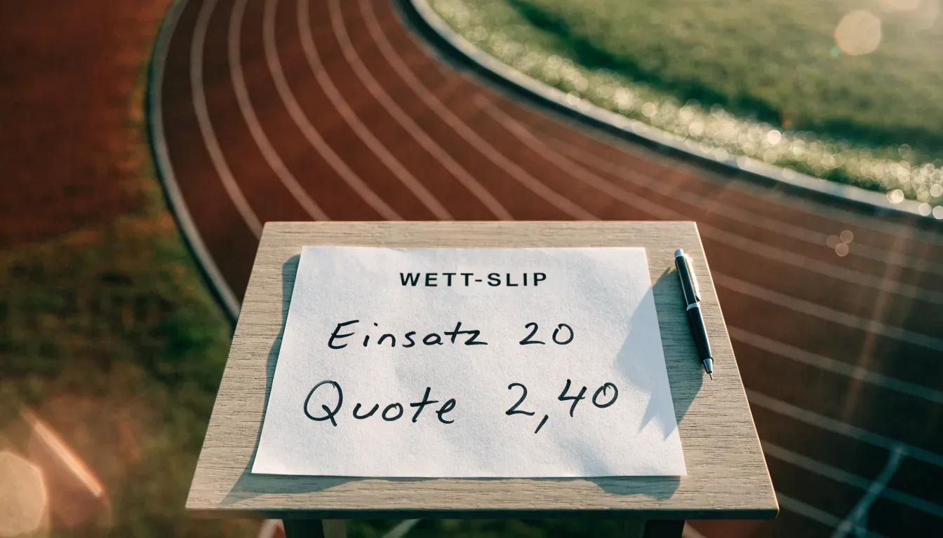 Eine leere Tartanbahn einer Leichtathletikanlage am frühen Morgen, Tau auf den Rasenflächen daneben und tiefstehende Sonne.