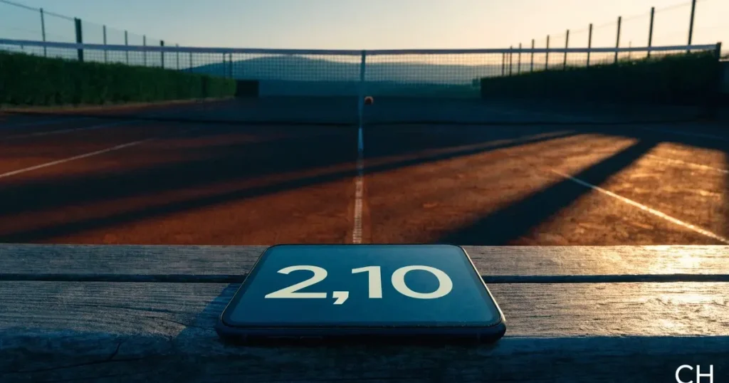 Ein Tennisplatz bei Sonnenaufgang mit gespanntem Netz und feuchtem Sandbelag, niemand steht auf dem Platz.