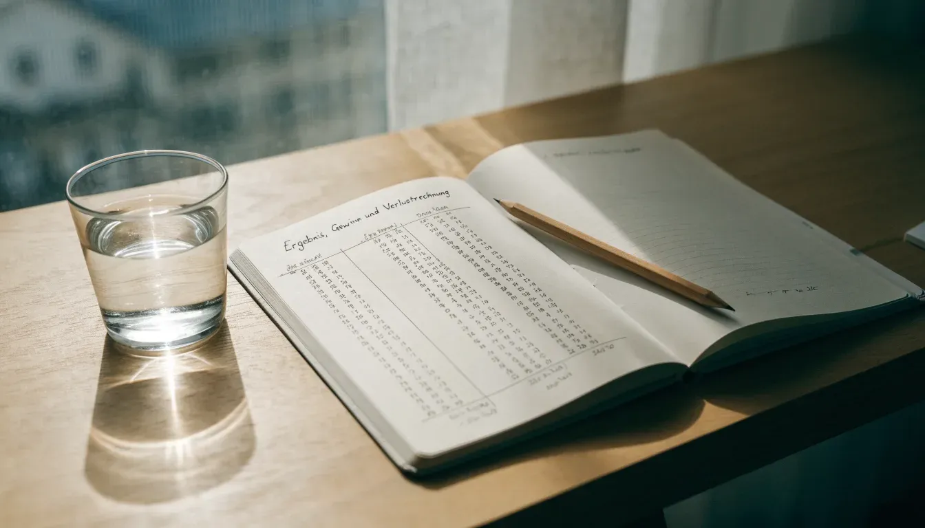 Ein aufgeschlagenes Notizbuch mit handschriftlichen Spalten und ein Bleistift liegen auf einem Holztisch neben einem Fenster.