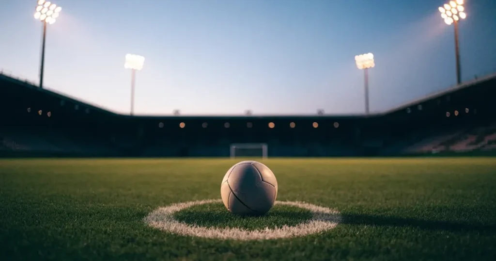 Ein Fussball liegt auf dem Anstosspunkt eines leeren Rasenplatzes, im Hintergrund glimmen Flutlichtmasten im Abendlicht.
