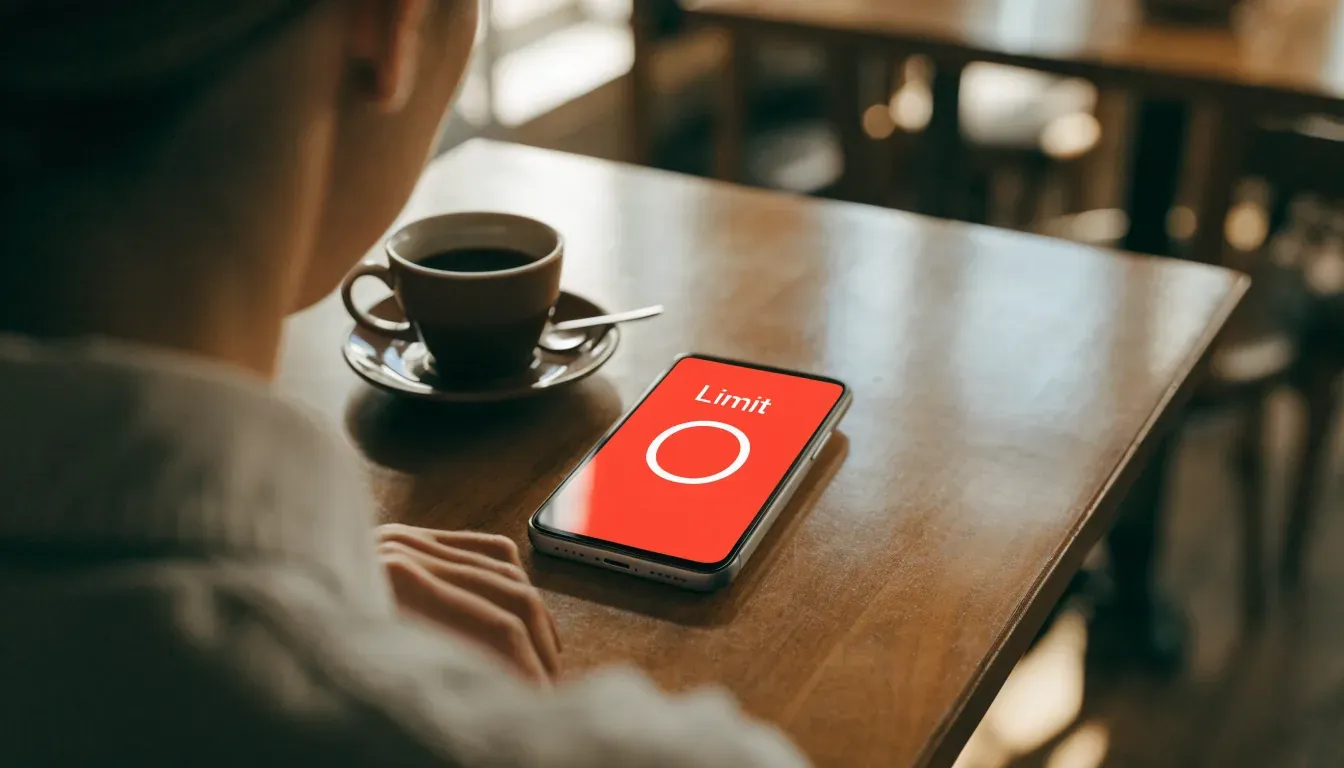 Ein Smartphone liegt mit der Rückseite nach oben auf einem Kaffeehaustisch neben einer Tasse und einem Löffel.
