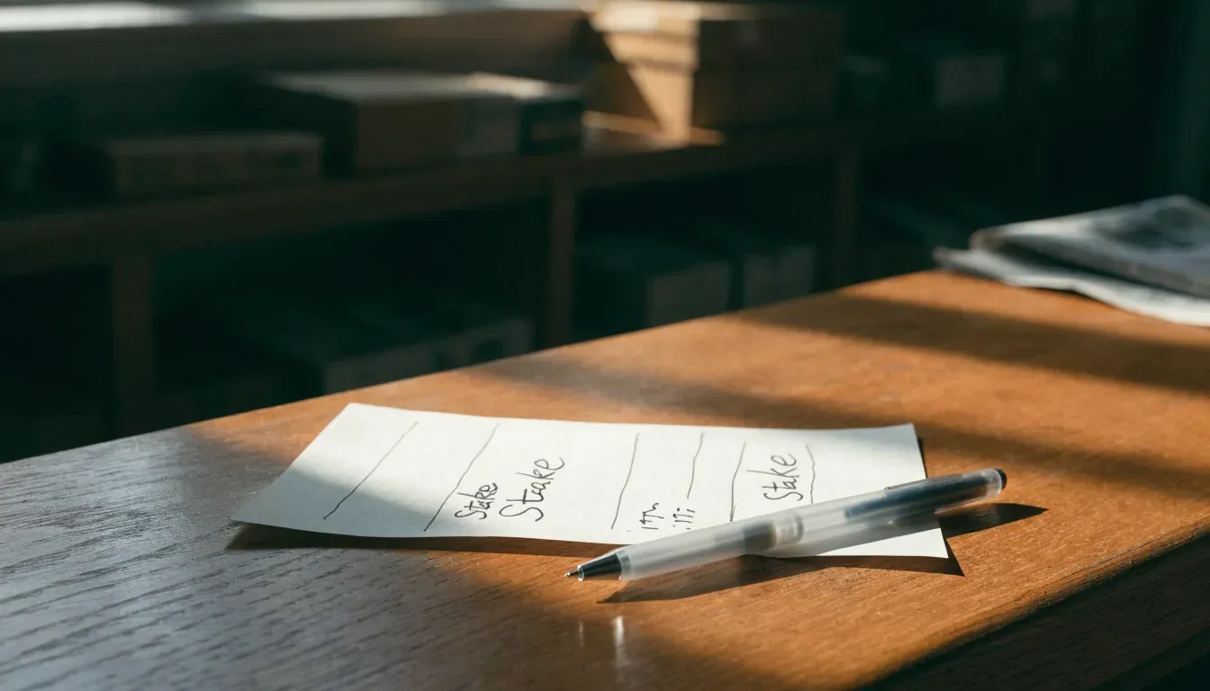 Ein unbeschriebener Papierwettschein und ein Kugelschreiber liegen auf einer hölzernen Ladentheke im Tageslicht.