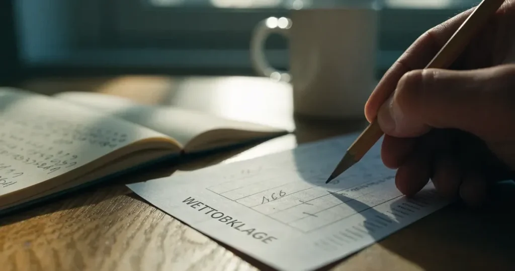 Ein Taschenrechner und ein Bleistift liegen auf kariertem Papier, auf dem nur handgezeichnete Striche und Kreise zu sehen sind.