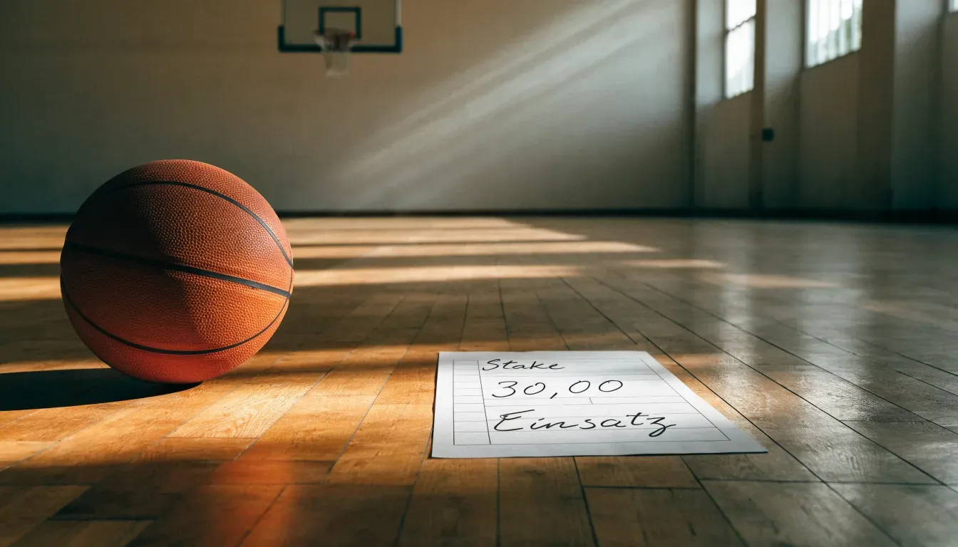 Ein Basketball ruht auf dem Parkett einer leeren Sporthalle, durch hohe Fenster fällt Tageslicht.