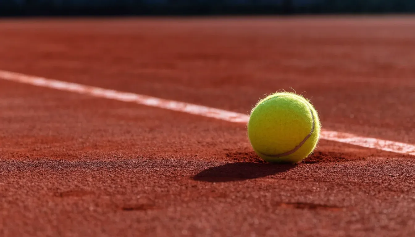 Ein Tennisball liegt auf rotem Sand neben einer verblassten Linie, das Licht ist weich.