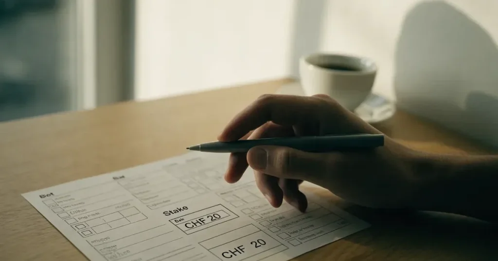 Eine Hand hält einen Stift über einem leeren Blatt, daneben eine Tasse Kaffee auf einem hellen Tisch.