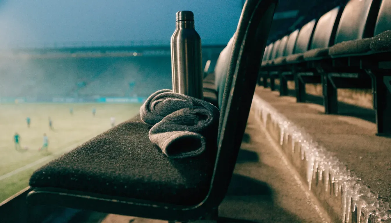 Ein grauer Wollschal und eine Thermoskanne liegen auf einem Sitz im winterlichen Stadion, Raureif liegt auf den Stufen.