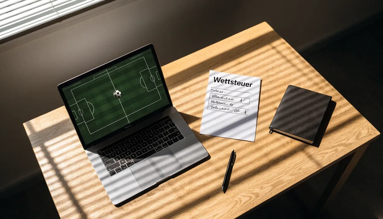 Streifen von Sonnenlicht fallen durch eine Jalousie auf einen Schreibtisch mit Stiften.