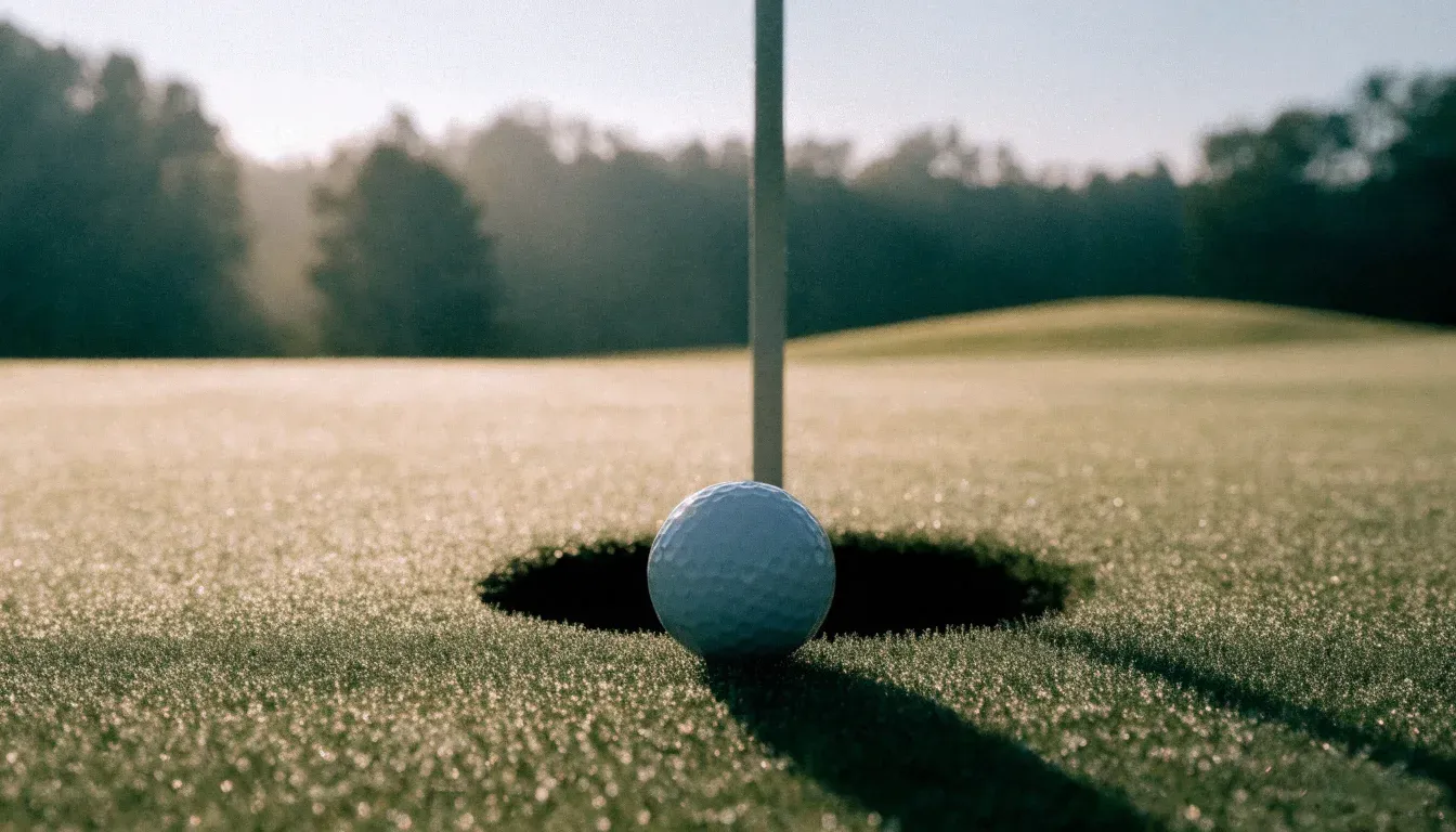 Ein Golfgrün liegt am frühen Morgen im Tau, ein Ball liegt nahe dem Loch.