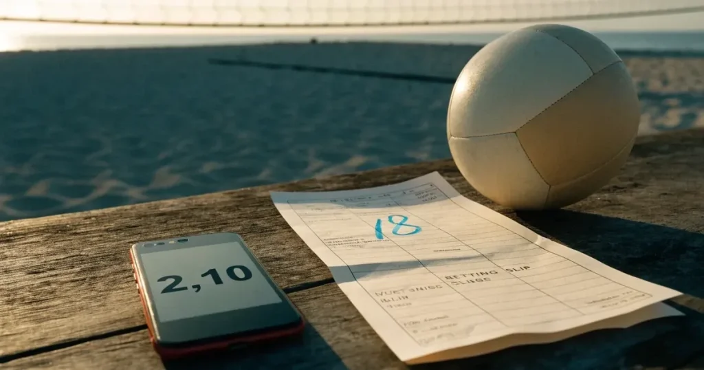 Ein Volleyballnetz spannt sich an einem leeren Sandstrand, das Meer liegt im Dunst.
